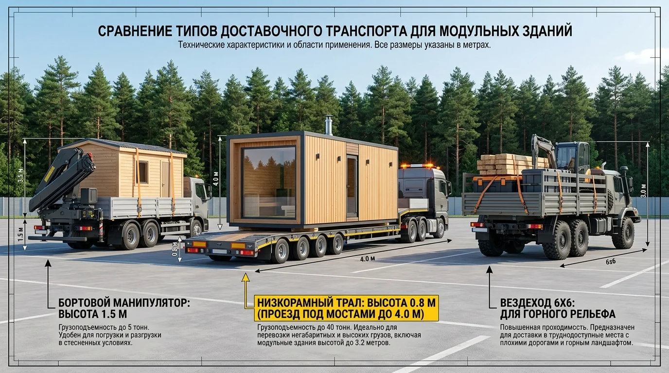 Инфографика сравнения видов транспорта: бортовой манипулятор, низкорамный трал и вездеход 6х6