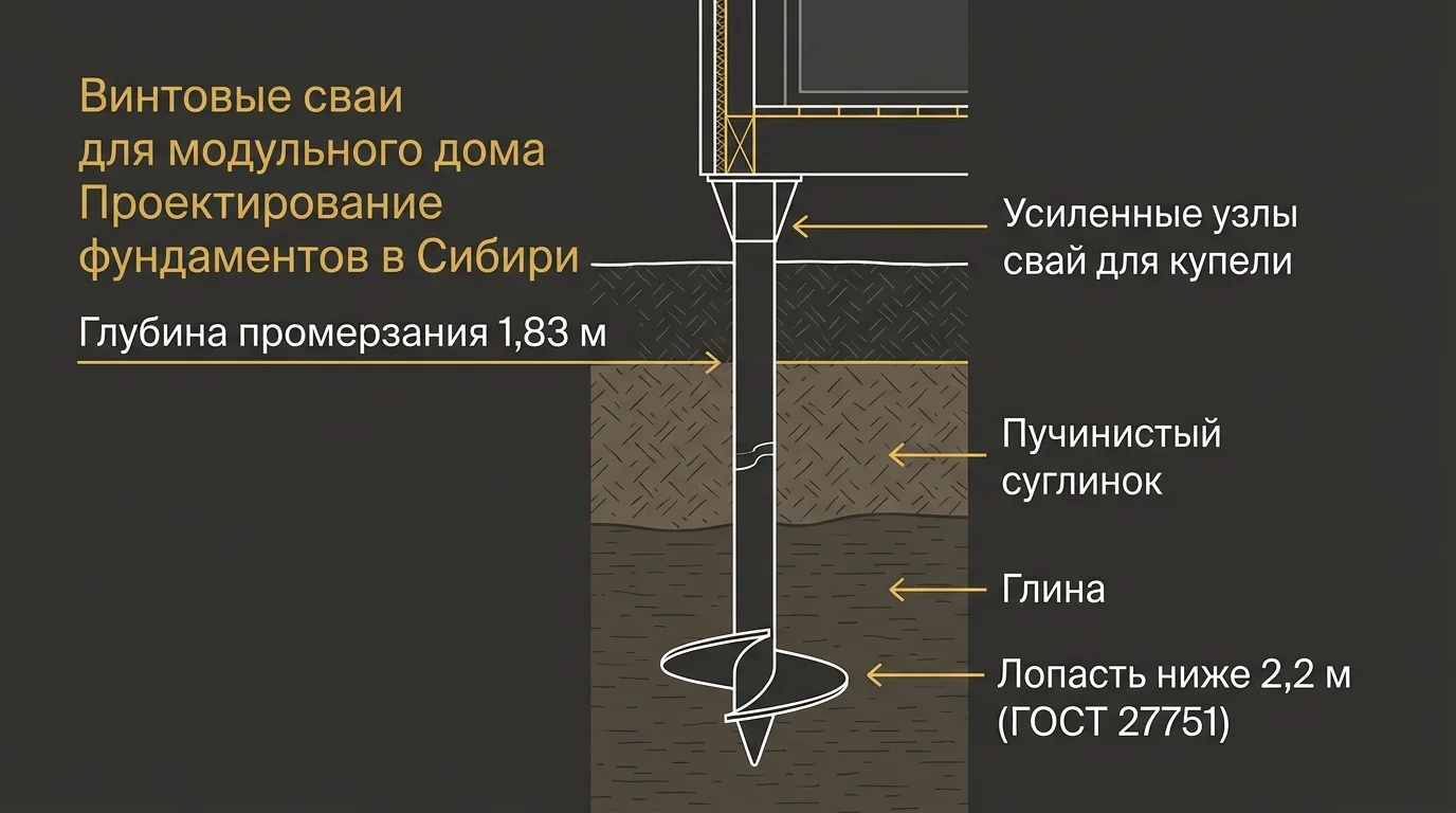 Погружение винтовых свай ниже точки промерзания грунта для модульного дома в Сибири