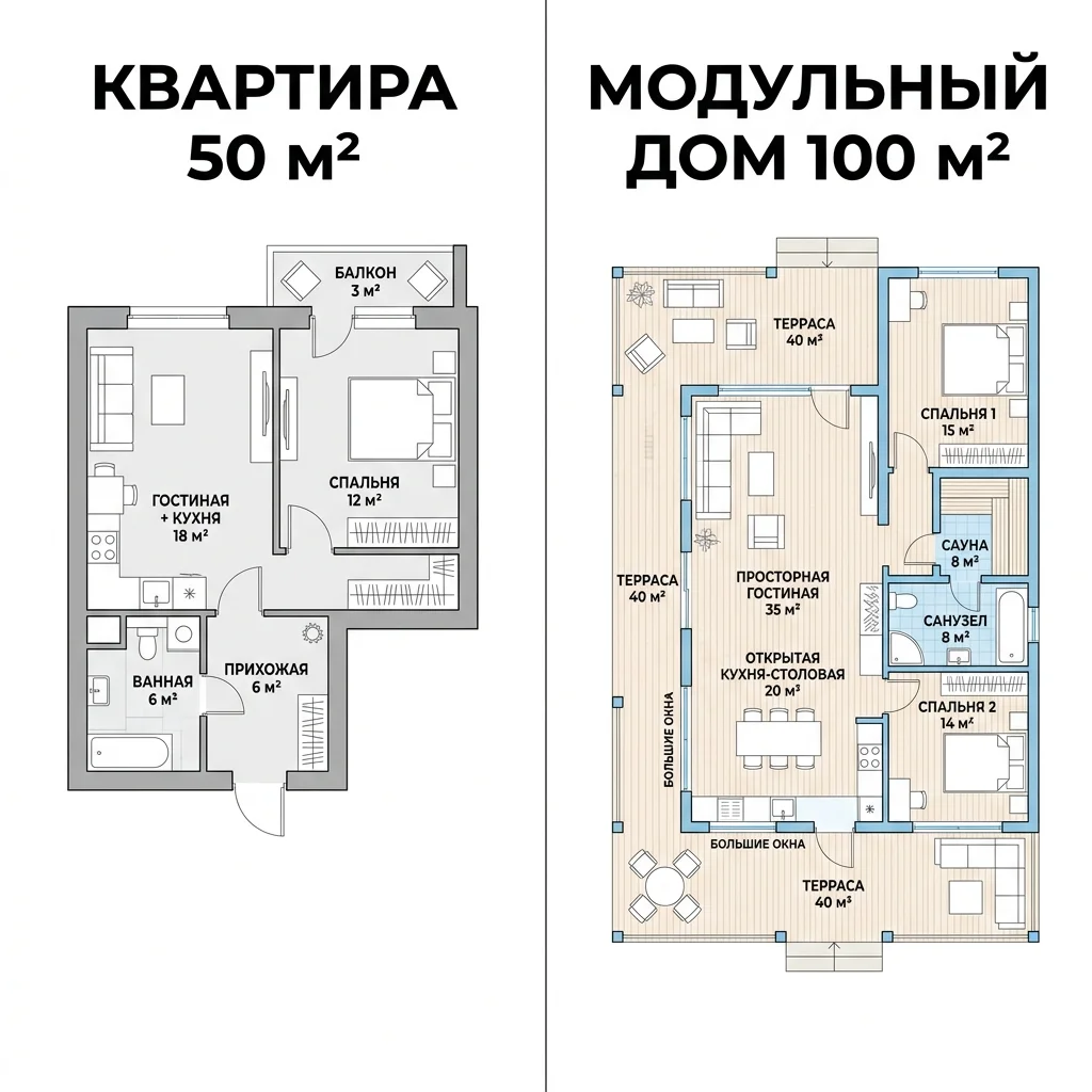 Инфографика: сравнение планировки квартиры 50 м² в Новосибирске и модульной усадьбы 100 м² за 10 млн рублей